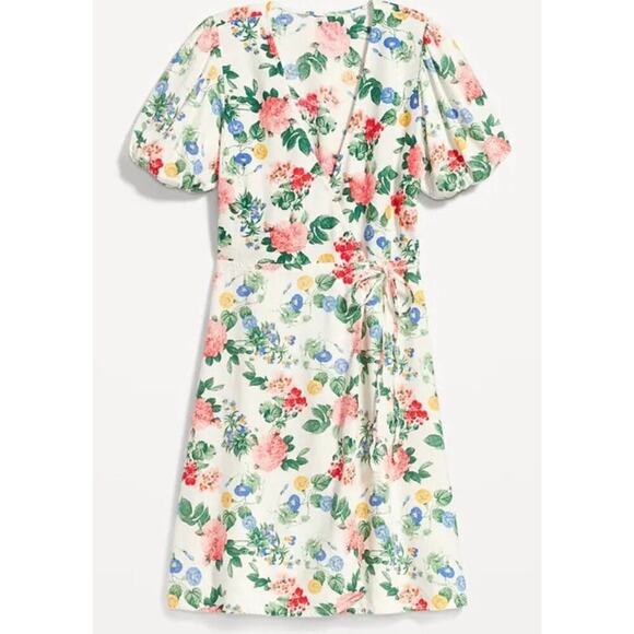 Old Navy Linen Blend Puff Sleeve Wrap Dress Lite Pink Rose Large Beachy Summer - Picture 3 of 13